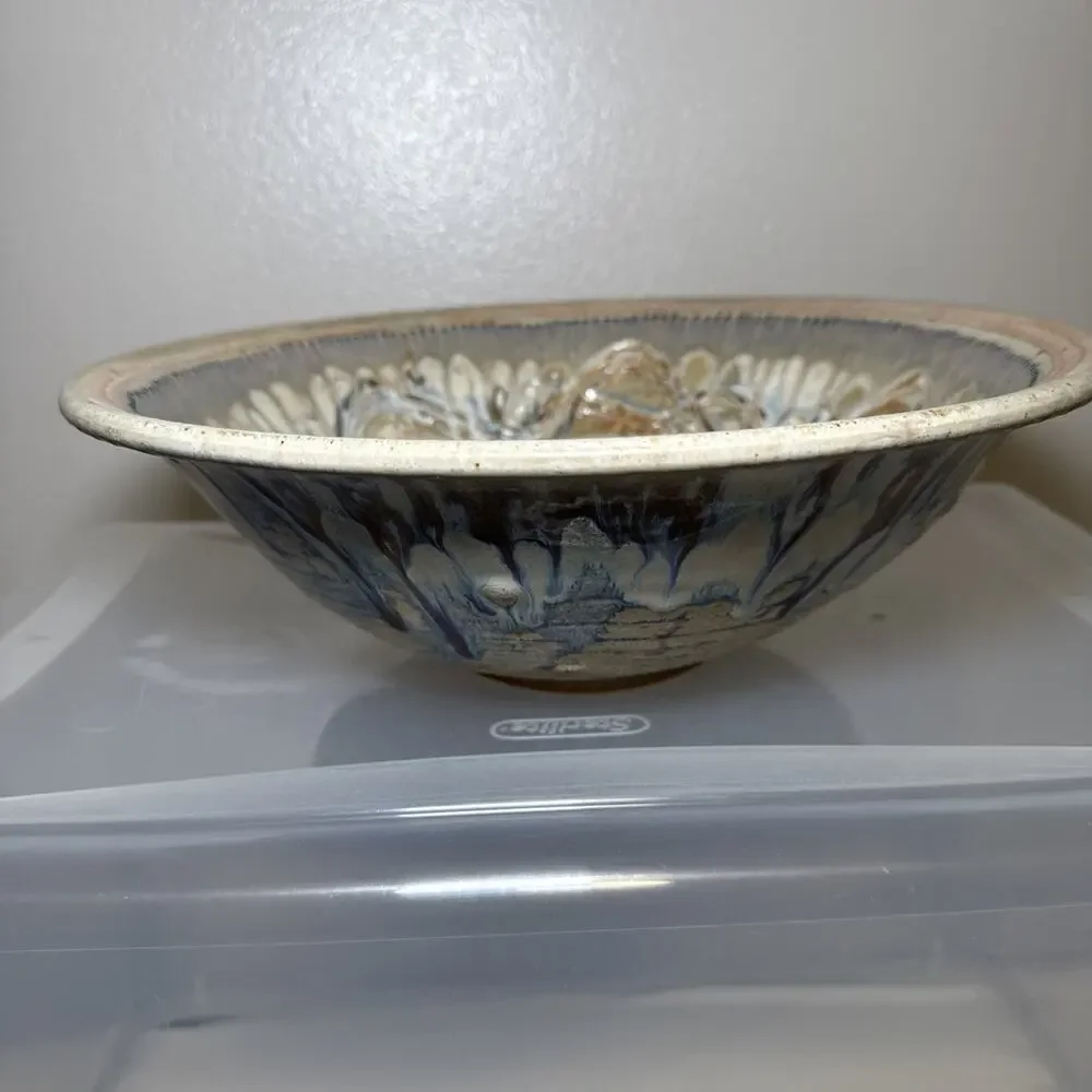Julie Perry Signed Pottery Large Clay Bowl Tan Blue Glaze Celebrate the Wonder